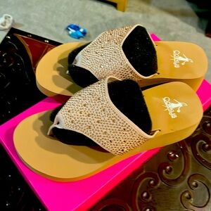 Rhinestone, blush colored, wedge, cork, heel flip-flops